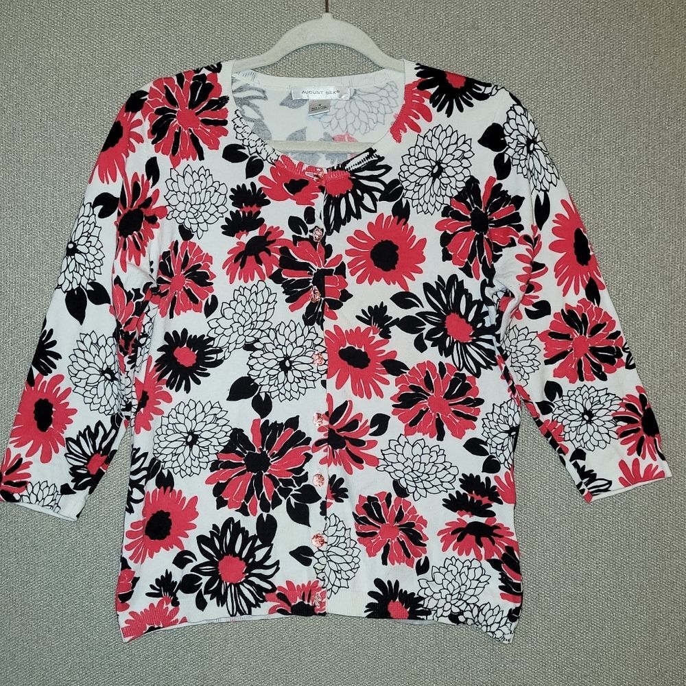 August Silk Size Medium Red Black White Floral Button Down Cardigan